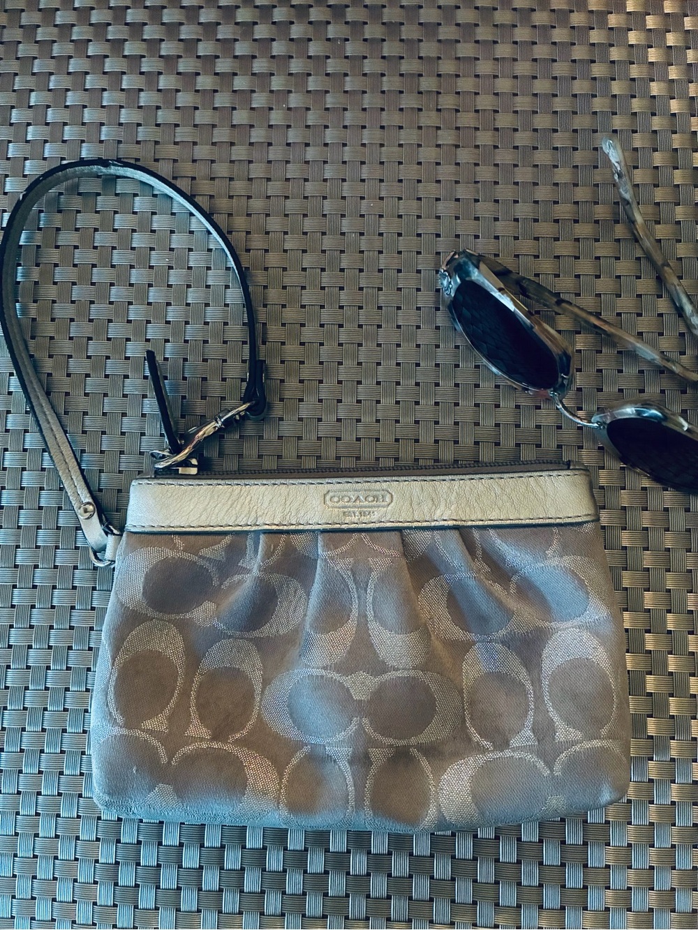 Coach Shimmer Signature Wristlet in   Silver Tone Metallic